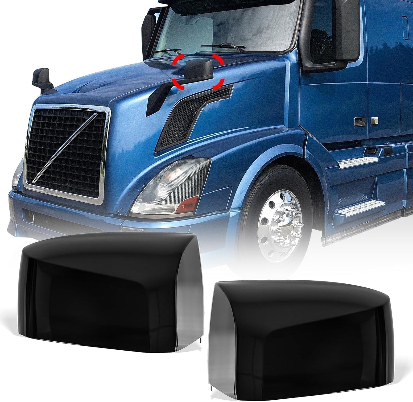 Volvo VN/VNL/VNM Hood Mirror Covers Pair (2004–2017) – Chrome / Black - RoadWest Truck Parts - B09WTVQ221 - High Soar