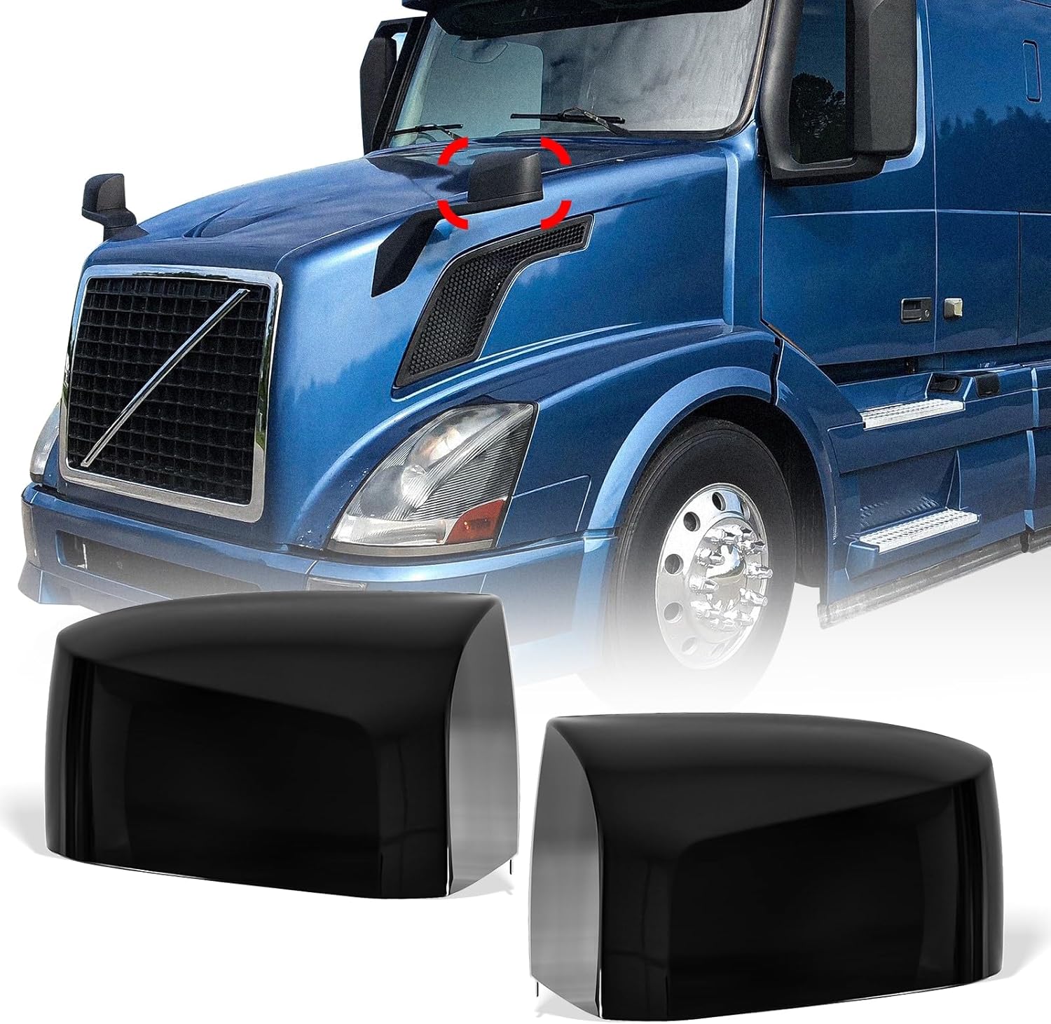 Volvo VN/VNL/VNM Hood Mirror Covers Pair (2004–2017) – Chrome / Black - RoadWest Truck Parts - B09WTVQ221 - High Soar
